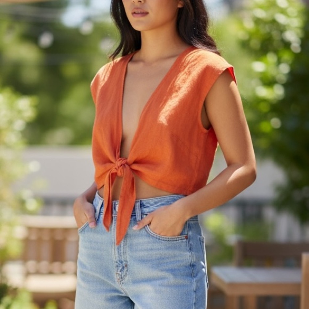 Miguelina Marcy Cropped Tie, Front Linen Top In Tomato Red